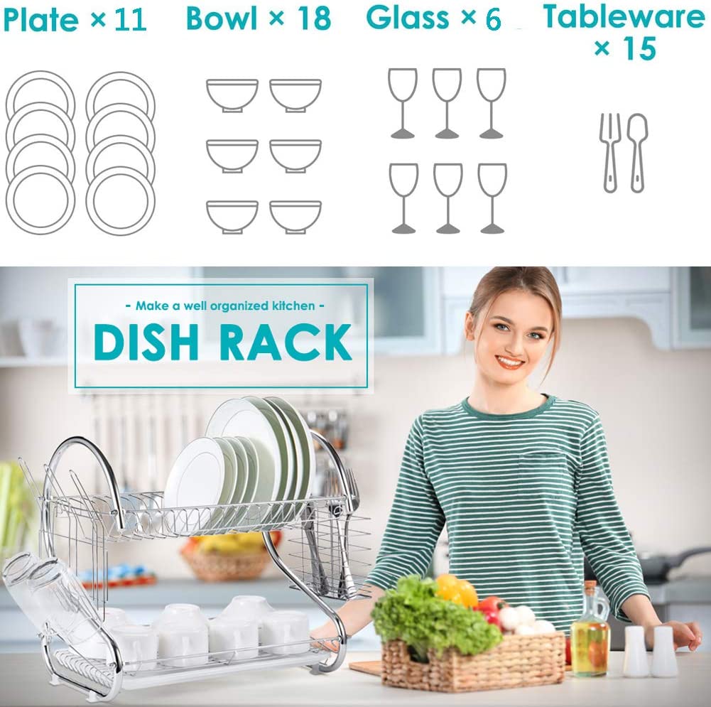 2 Tier Dish Rack with Drain Board for Kitchen Counter and Plated Chrome Dish Dryer Silver 42 x 25,5 x 38 cm | Auzzi Store