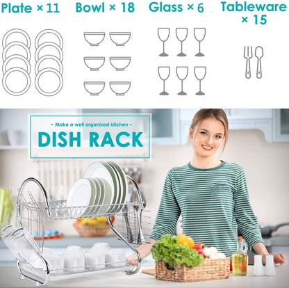 2 Tier Dish Rack with Drain Board for Kitchen Counter and Plated Chrome Dish Dryer Silver 42 x 25,5 x 38 cm | Auzzi Store
