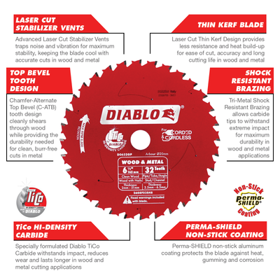 Diablo Circular Saw Blade 6.5" 32T Wood Metal - Durable Cutting Performance