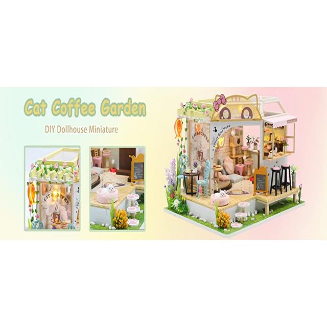 Dollhouse Miniature with Furniture Kit Plus Dust Proof and Music Movement - Cat Coffee (Valentine's Day Gift Idea)