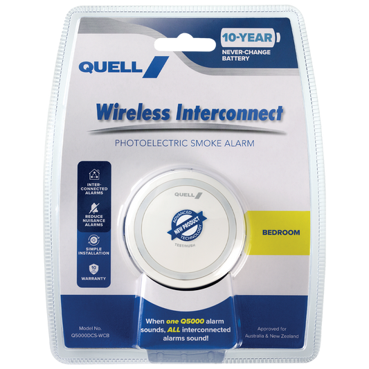 Quell Q5000 Wireless Interconnect Photoelectric Smoke Alarm Bedroom - 10-Year Battery - 78mm x 78mm x 38mm - Auzzistore