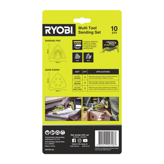 Ryobi 10 Piece Multi Tool Sanding Set - 93mm Pad - 9 Sanding Sheets - 80/120/240 Grit – view 2 - Auzzistore