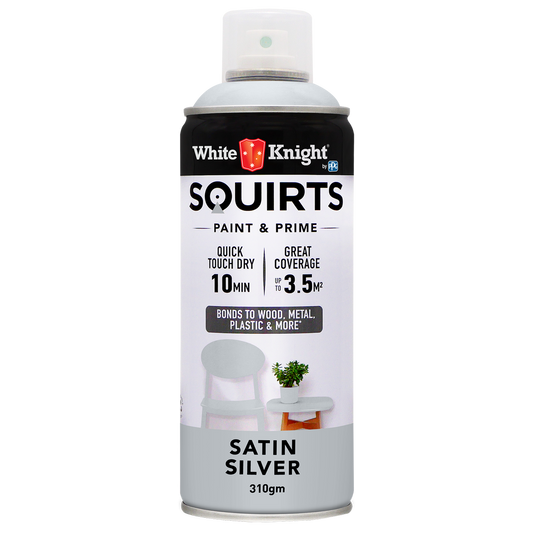 White Knight Squirts Silver Satin Spray Paint 310g Solvent Based Durable