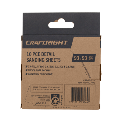 Craftright Sanding Sheets 10 Pack - 93mm - Aluminium Oxide - Hook & Loop