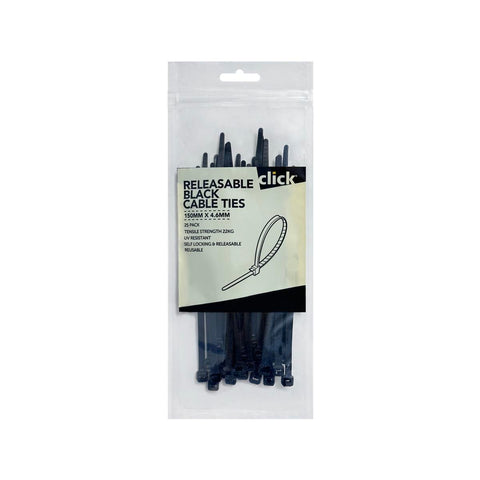 Click Releasable Cable Tie 150mm Black 25 Pack - UV Resistant Nylon 66 - Auzzistore