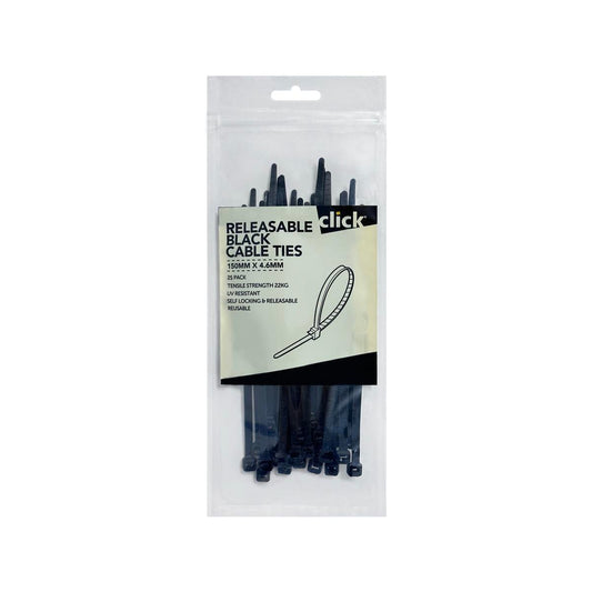 Click Releasable Cable Tie 150mm Black 25 Pack - UV Resistant Nylon 66