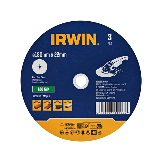 Irwin Fibre Disc 3 Pack - 180 x 22mm - 120 Grit - Aluminium Oxide - Surface Preparation - Auzzistore