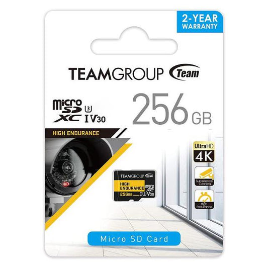 Team Group HIGH ENDURANCE 256GB Micro SDXC UHS-I U3 V30 4K 100MB/s(Designed for Monitoring) Stable Durable Long Lasting Flash Memory Card for Security