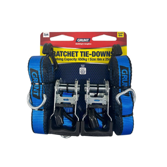 GRUNT Ratchet Tie Down - 25mm x 6m - Polyester - 650KG Lashing Capacity - 2 Pack