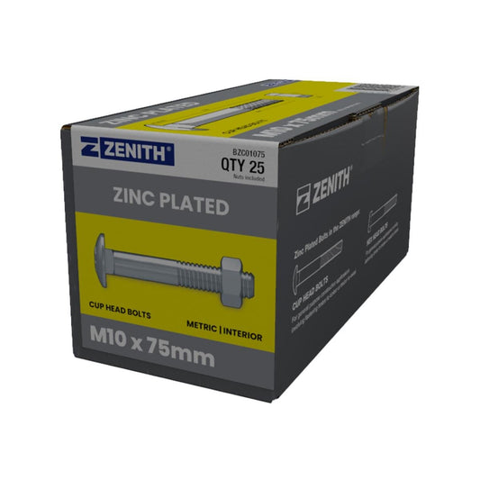 Zenith M10 x 75mm Zinc Plated Cup Head Bolts Nuts - 25 Pack - Coarse Thread - Auzzistore