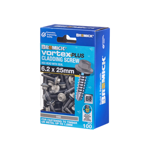 Bremick Vortex Plus Cladding Screw 6.2 x 25mm Hex B8 Dune Box 100 - Watertight Seal - Full Threaded - Auzzistore