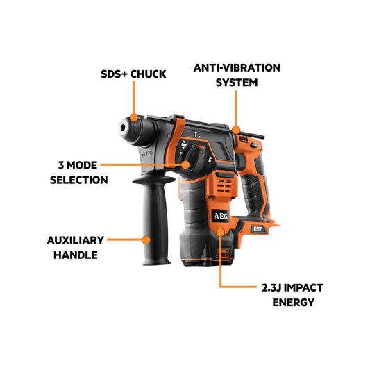 AEG 18V SDS Rotary Hammer Drill - Skin Only - 24mm Concrete Capacity - Orange/Black – view 2 - Auzzistore