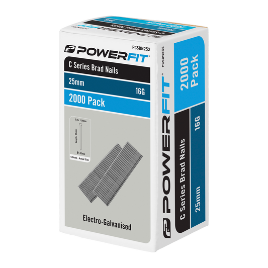 Powerfit 25mm C Series Brad Nails - 2000 Pack - Electro Galvanised - 16 Gauge - Auzzistore