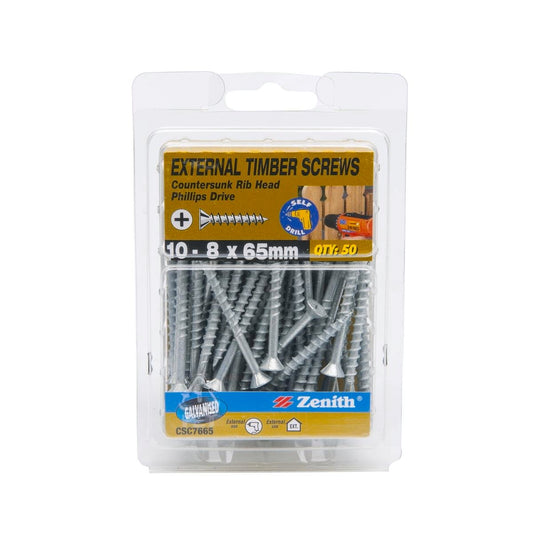 Zenith Timber Screws 10 x 65mm Galvanised 50 Pack Maximum Grip - Auzzistore