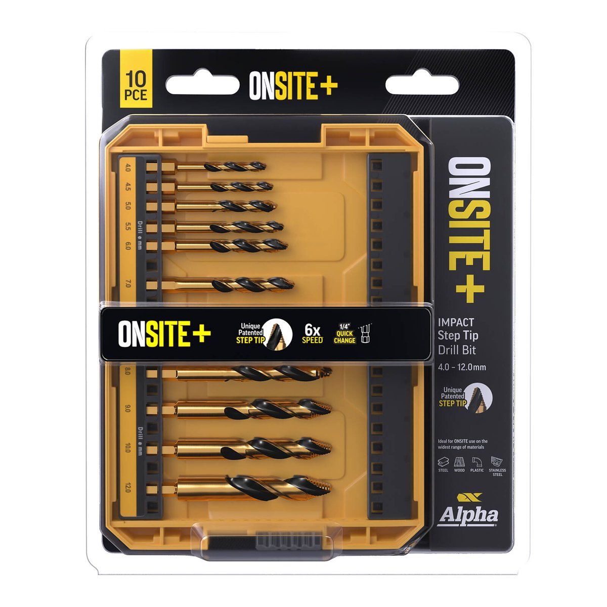 Alpha Onsite 10 Piece Impact Step Tip Drill Set - 4.0mm to 12.0mm - Fa ...