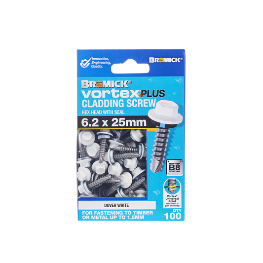 Bremick Vortex Plus Cladding Screw 6.2 x 25mm - Hex B8 - Dover White - Box of 100 - Watertight Seal - Full Thread Design – view 2 - Auzzistore