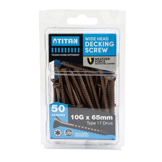 Titan 10g x 65 Weather Force Wide Head Decking Screws Pack of 50 - Durable Corrosion Protection - Auzzistore