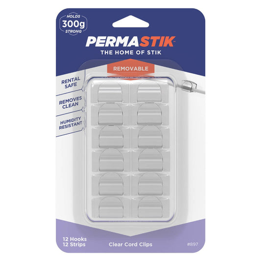 Permastik Clear Cord Clips - 12 Pack - Plastic - Easy to Apply