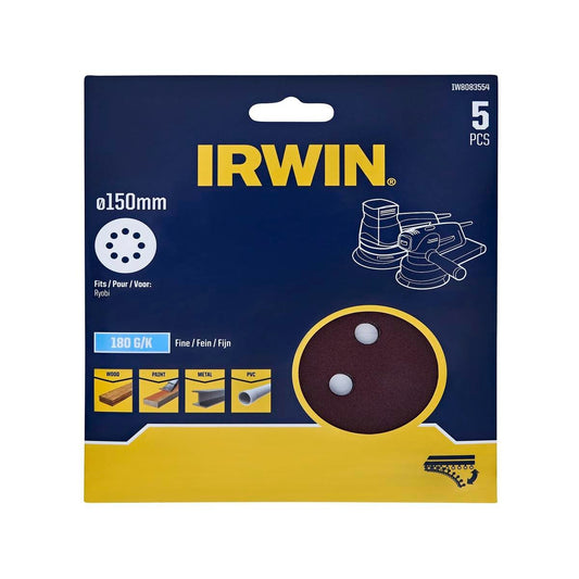 Irwin 150mm Quick Fit Random Orbital Sanding Disc 5 Pack - 180 Grit - Efficient Sanding - Auzzistore