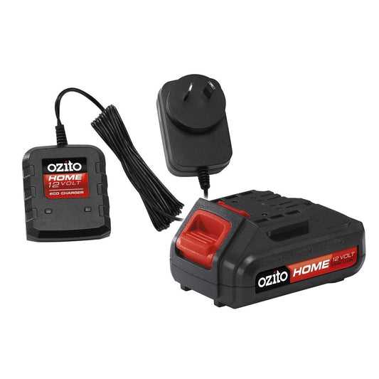 Ozito Home 12V Battery and Charger - 1.5Ah Li-ion - Black Red - ZLCGB-315
