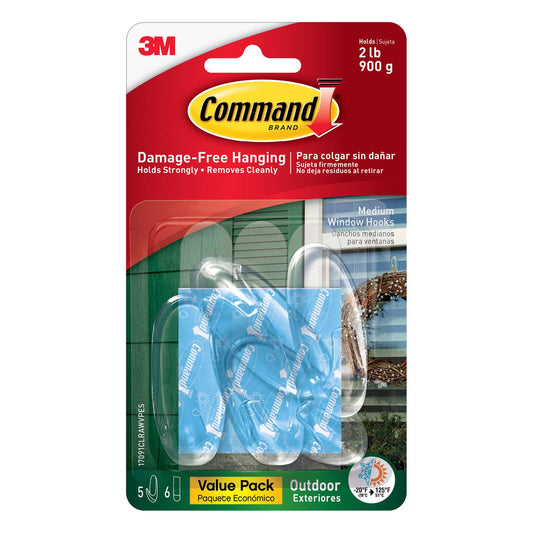Command Medium Clear Outdoor Window Hook Value Pack - 5 Hooks - Clear - Damage-Free Hanging