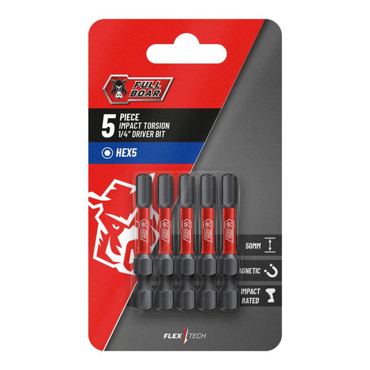 Full Boar Impact Torsion Bit - 50mm x HEX5 - Hardened S2 Steel - Magnetic Tips - Auzzistore