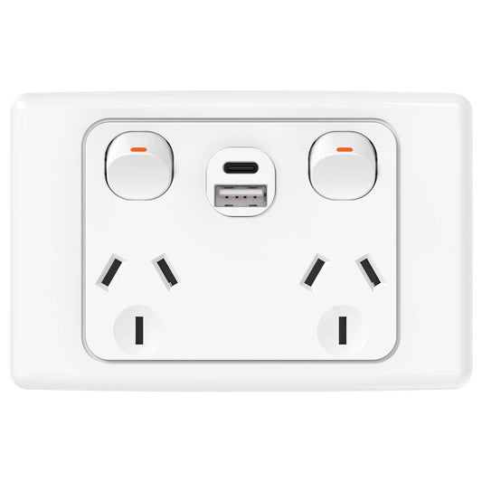 Deta Double Pole Double Power Point with USB A+C - 250V - 10A - 50mm x 74mm x 115mm - Auzzistore