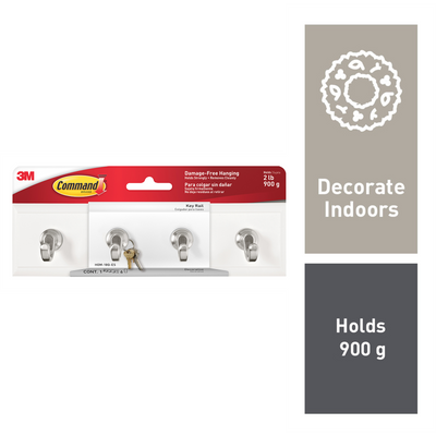 Command White Key Rail Rack 1 Pack - 204mm Plastic - Damage-Free Hanging