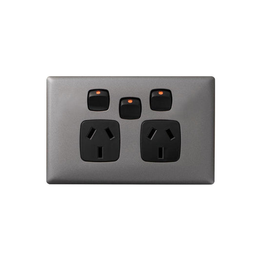 HPM Linea Double Powerpoint with Extra Switch - 2 Outlets - 127mm x 82mm - Gun Metal Black - Auzzistore