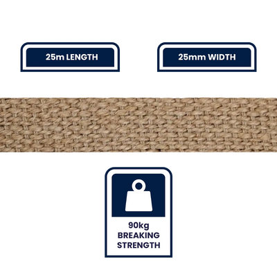 Grunt Jute Webbing 25mm x 25m Natural Fabric 90kg Breaking Strength