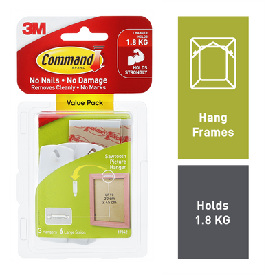 Command White Adhesive Sawtooth Picture Hanger 3 Pack - Plastic - Damage-Free