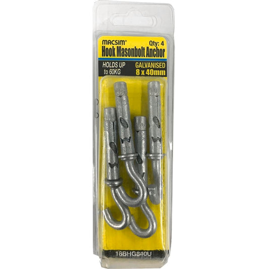 Macsim Masonbolt Hook - 8 x 40mm - 5.8 Grade Steel - Galvanised - 4 Pack - Auzzistore
