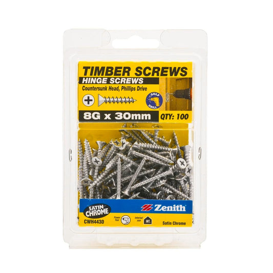 Zenith Timber Screws - 8g x 30mm - Satin Chrome - Countersunk Head - 100 Pack