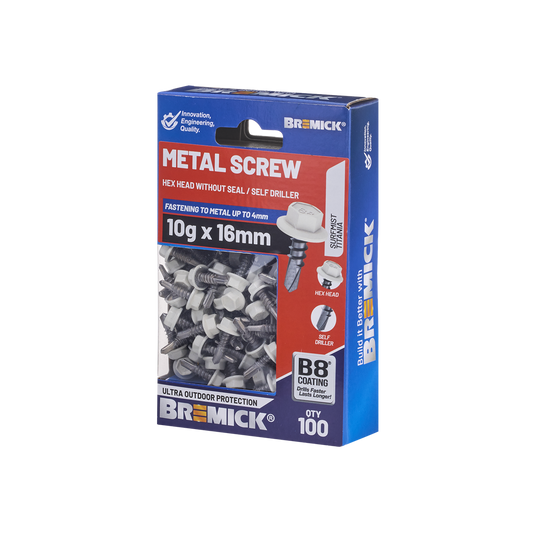 Bremick Metal Hex Screw 10g x 16mm - B8 Coating - Pack of 100 - Corrosion Resistant - Auzzistore