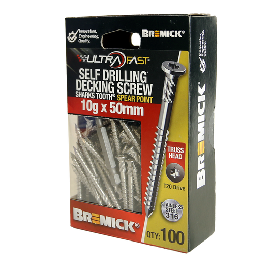 Bremick Ultrafast Stainless Steel 316 T20 Truss Head Screws 100 Pack - 10g x 50mm - Smooth Installation - Auzzistore