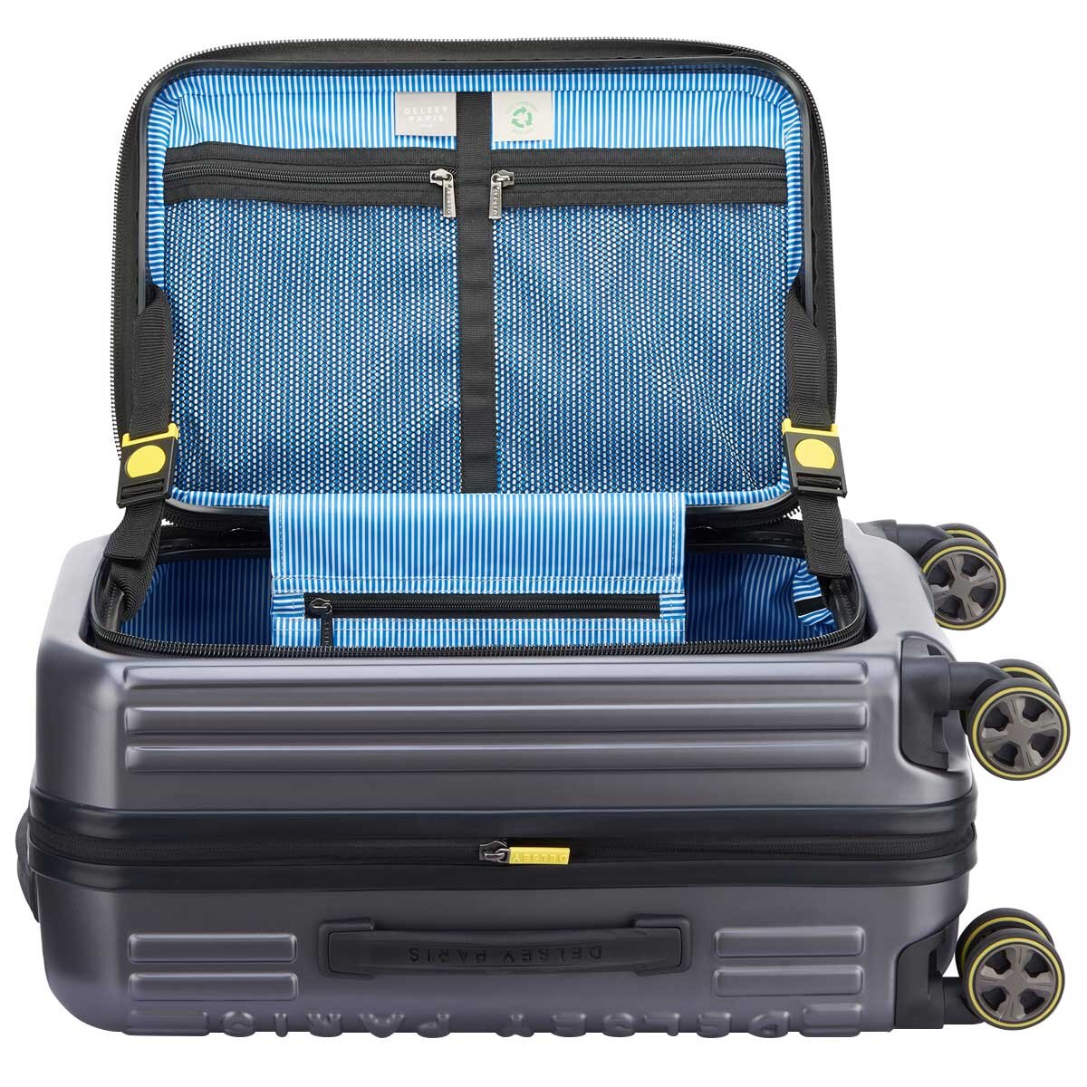 Delsey Hybrid Hardside Carry On Anthracite, 100% Polycarbonate, Top Lid Opening, Dual Spinner Wheels, Expander, TSA Lock, Deluxe Interior