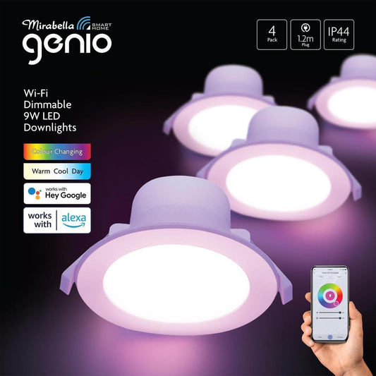 Mirabella Smart Wi-Fi Dimmable Downlight 9W 750LM 4 Pack - RGBW - IP44 - 1.2m Flex