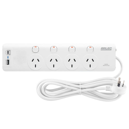Arlec 4 Outlet Surge Powerboard 1.8m - PD30W USB A & C - White