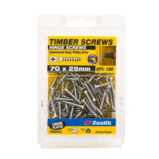Zenith Timber Screws - 7g x 25mm Chrome Plated - 100 Pack - Flush Finish - Auzzistore