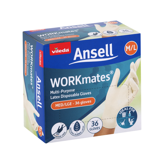 Vileda Ansell Workmates Latex Disposable Gloves 36pk Medium Large - Powder-Free - Comfortable Fit - Hygienic Hand Protection - Auzzistore