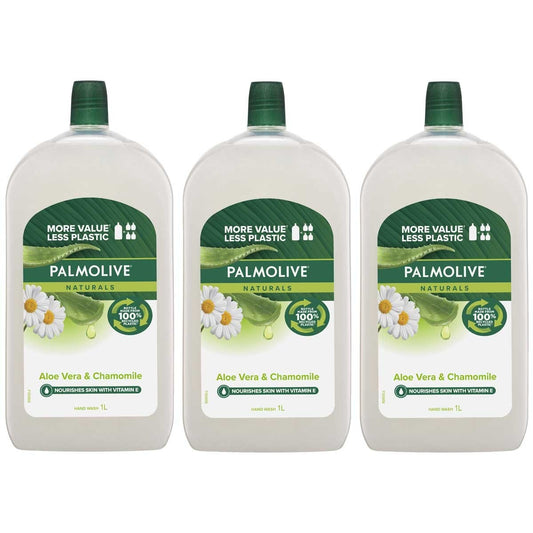 Palmolive Naturals Liquid Hand Wash Soap Aloe Vera And Chamomile 3 x 1L - 0% Parabens, Alcohol-Free