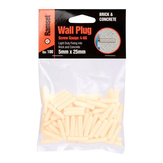 Ramset Wall Plugs 5 x 25mm Plastic 100 Pack Easy Insertion - Auzzistore