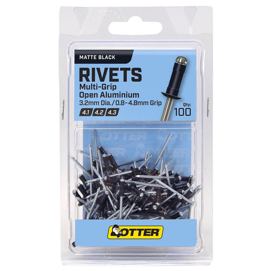Otter Multi Grip Open Aluminium Blind Rivets 100 Pack 2 x 0.8-4.8mm Matt Black - Auzzistore