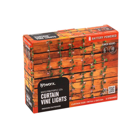 Lytworx Curtain Vine Lights - 6 Strands - 1m x 1.5m - White Pink Purple - Battery Operated - Auzzistore