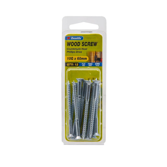 Zenith 10G x 60mm Zinc Plated Countersunk Head Wood Screws – 12 Pack - Auzzistore