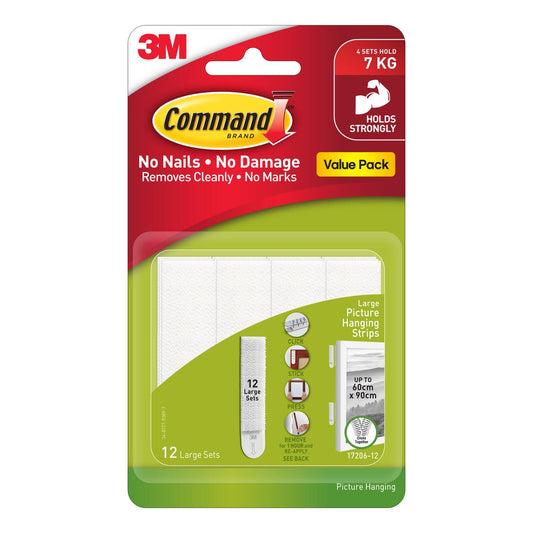 Command Large Picture Hanging Strips 12 Pack 7.2kg White Damage-Free