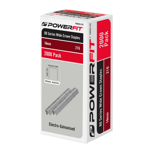 Powerfit 14mm 80 Series Electro Galvanised Wide Crown Staples - 2000 Pack - 21-Gauge - Corrosion Resistant - Auzzistore