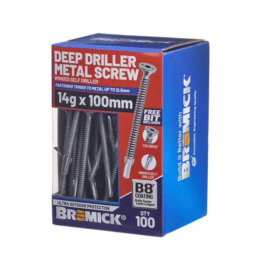 Bremick Metal Deep Driller Screw 14g x 100mm T30 B8 - Box of 100 - Durable Fastening - Auzzistore