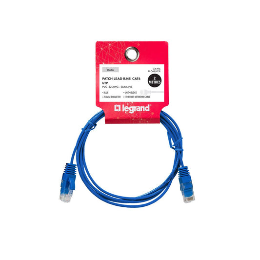 Legrand 2m Cat 6 RJ45 UTP Slimline Patch Lead - Blue - High-Speed Transmission