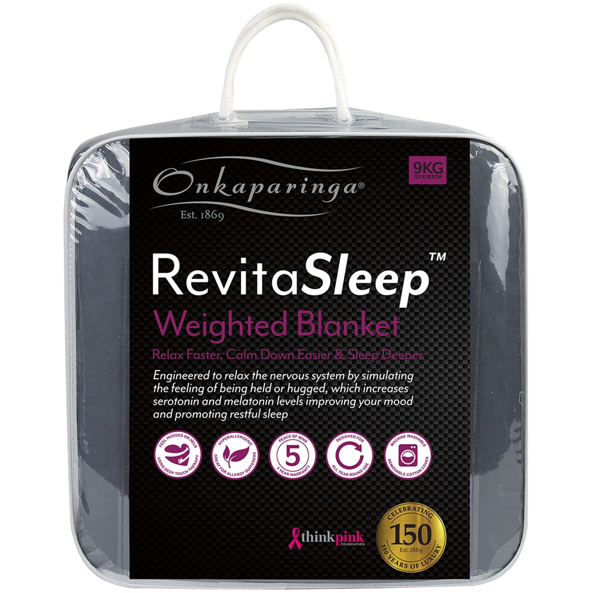 Onkaparinga 9kg Weighted Blanket Charcoal, Hypoallergenic, 1220 x 1830 mm